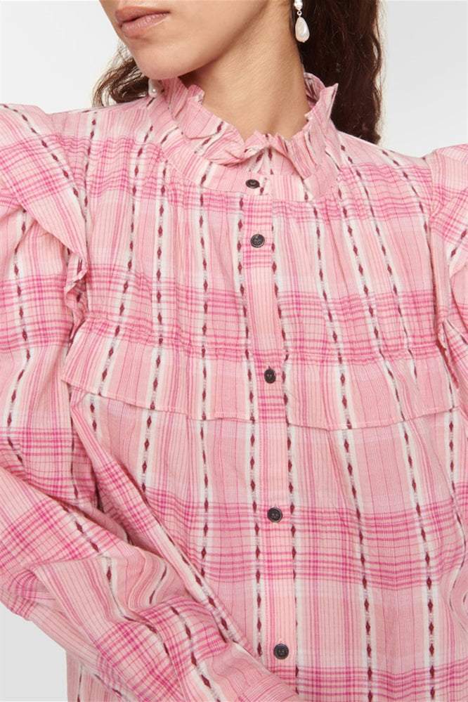 Plaid Lantern Sleeve Stand Collar Ruffled Shirt