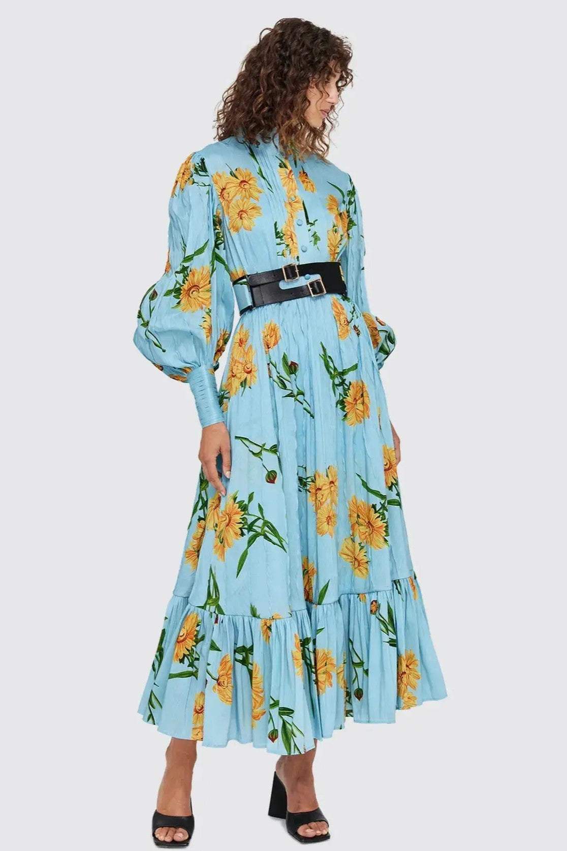 Floral Lantern Sleeve Midi Dress With Belt