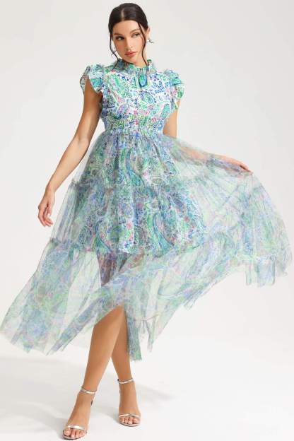 Floral Flutter Sleeve Crew Collar Tapered Waist Midi Dress Green