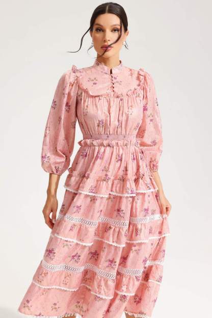 Floral Lantern Sleeve Buckle Tapered Waist Midi Dress Pink