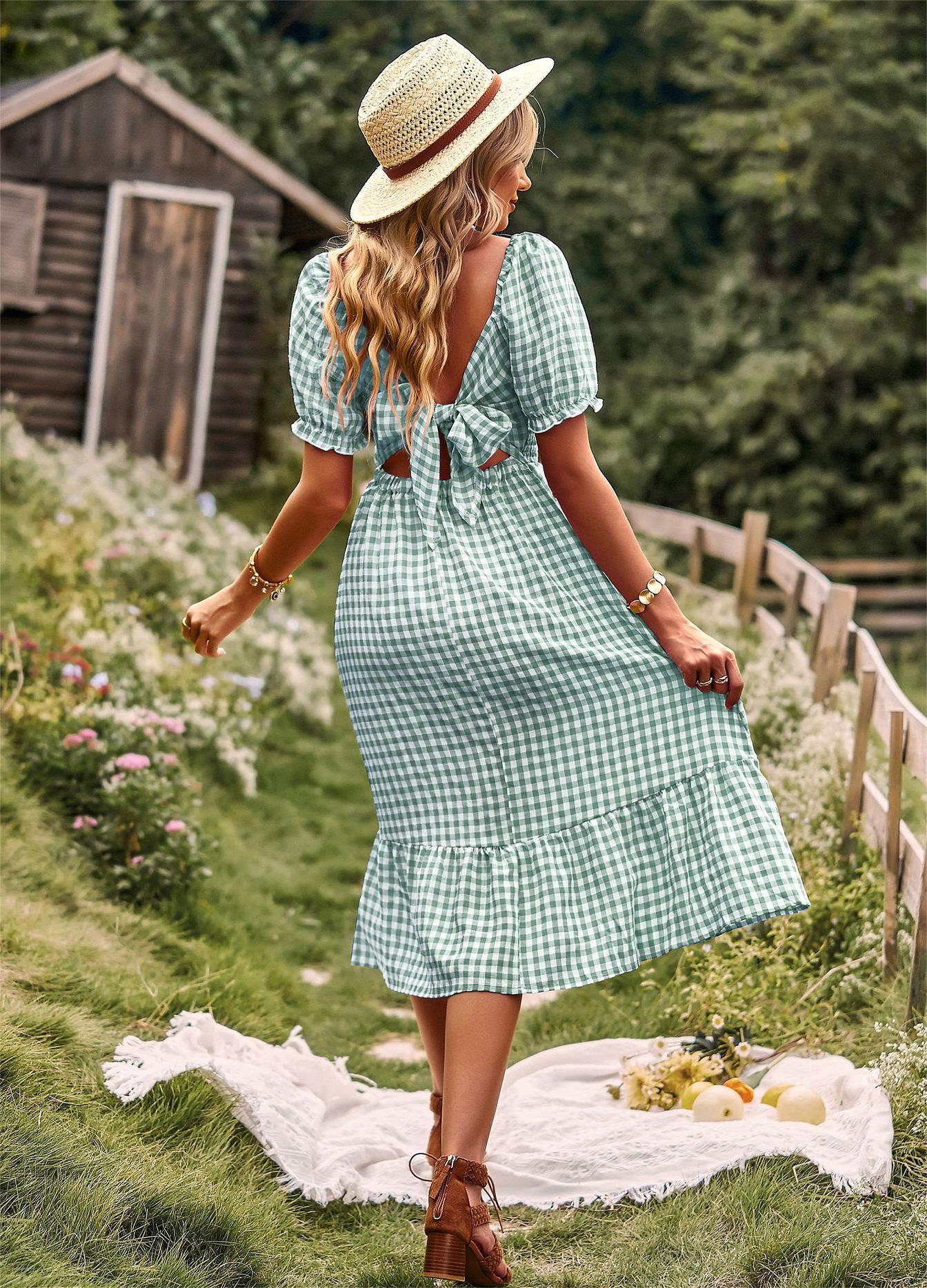 Plaid One-shoulder Midi Dress