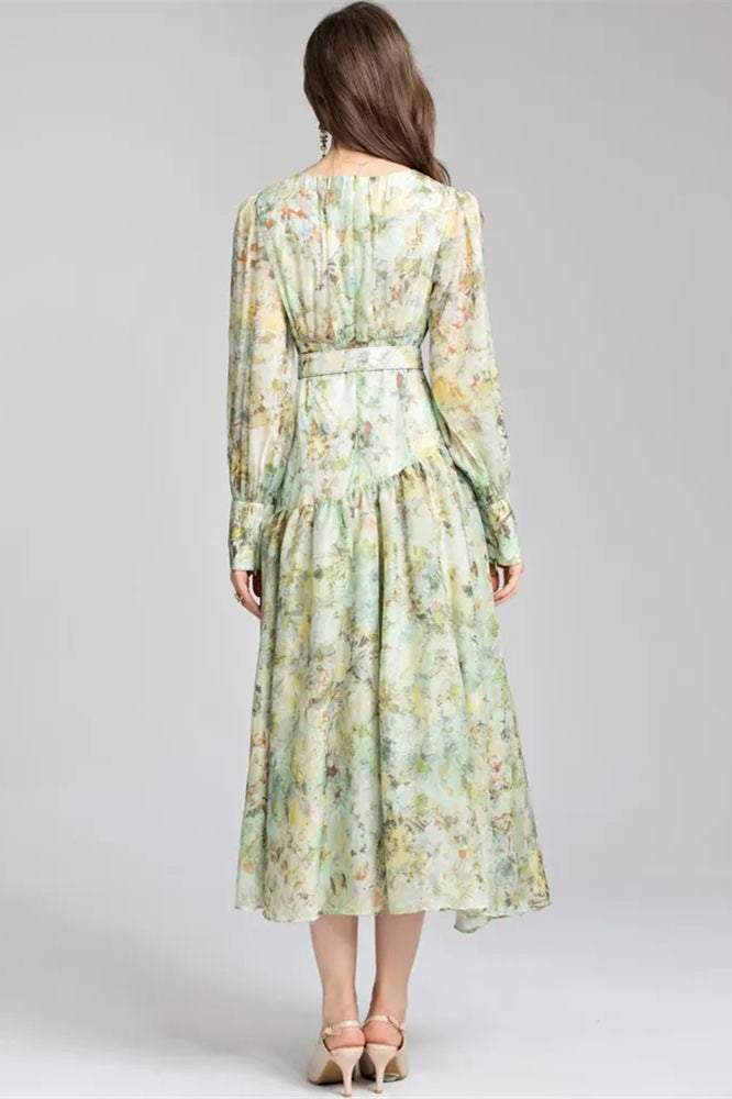 Printed Lantern Sleeve Round Collar Pleated Belt Midi Dress