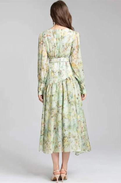 Printed Lantern Sleeve Round Collar Pleated Belt Midi Dress