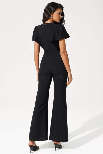 Flutter Sleeve V-Neck Ruffle Hem Tapered Waist Jumpsuit Black