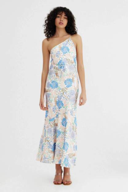 Floral Sleeveless One-Shoulder Slim Midi Dress