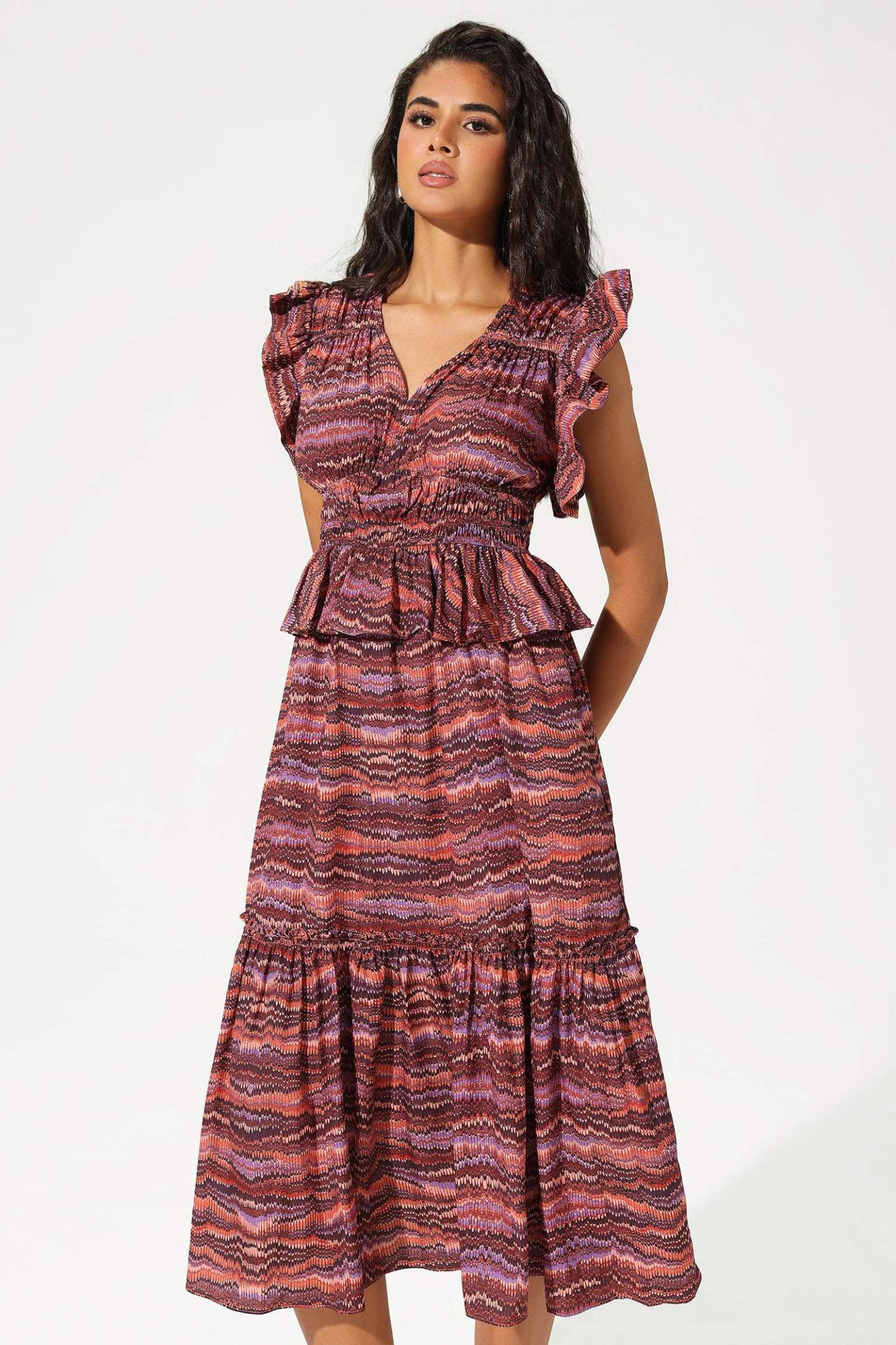Layered Ruffle Sleeve V-Neck Midi Dress