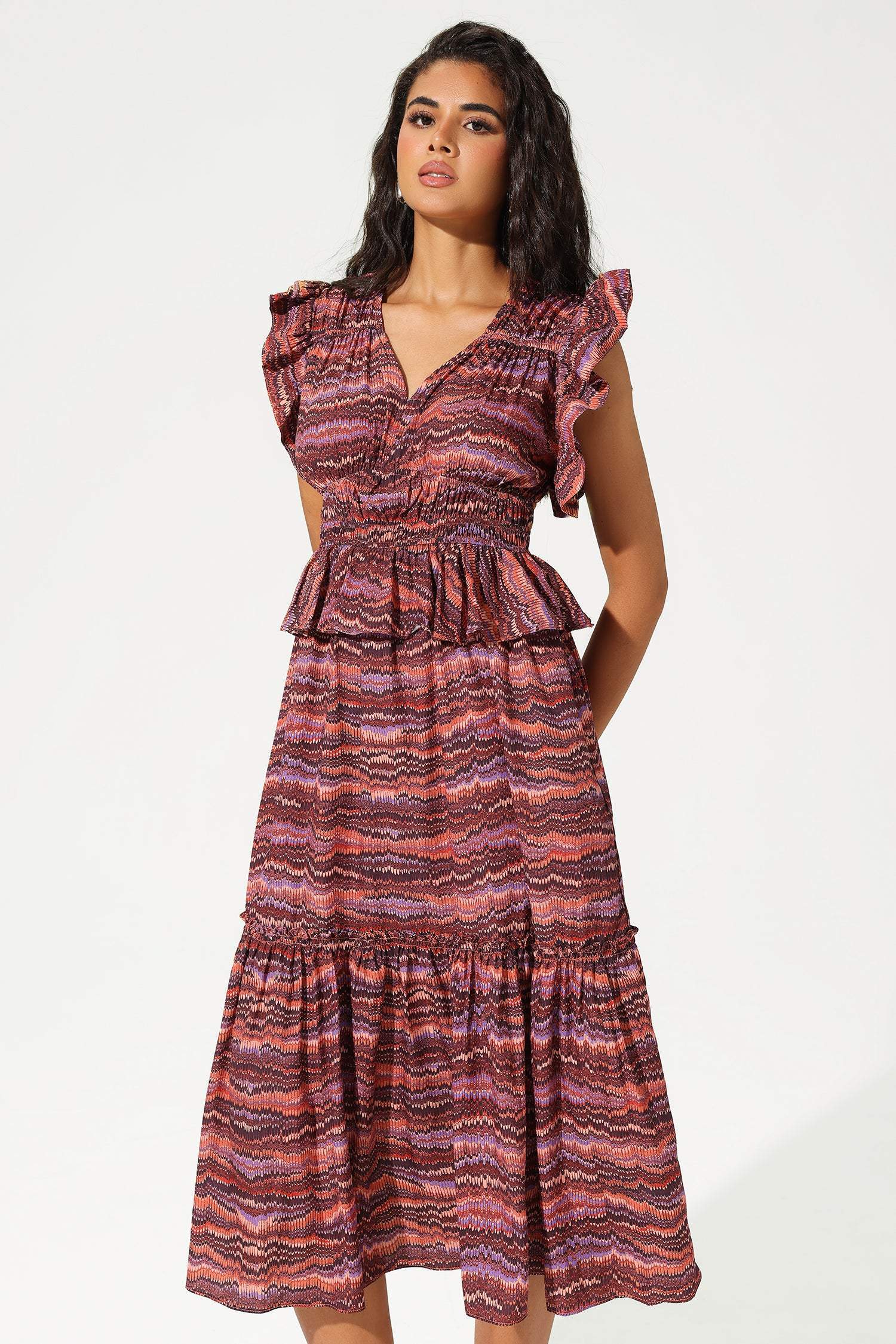 Layered Ruffle Sleeve V-Neck Midi Dress