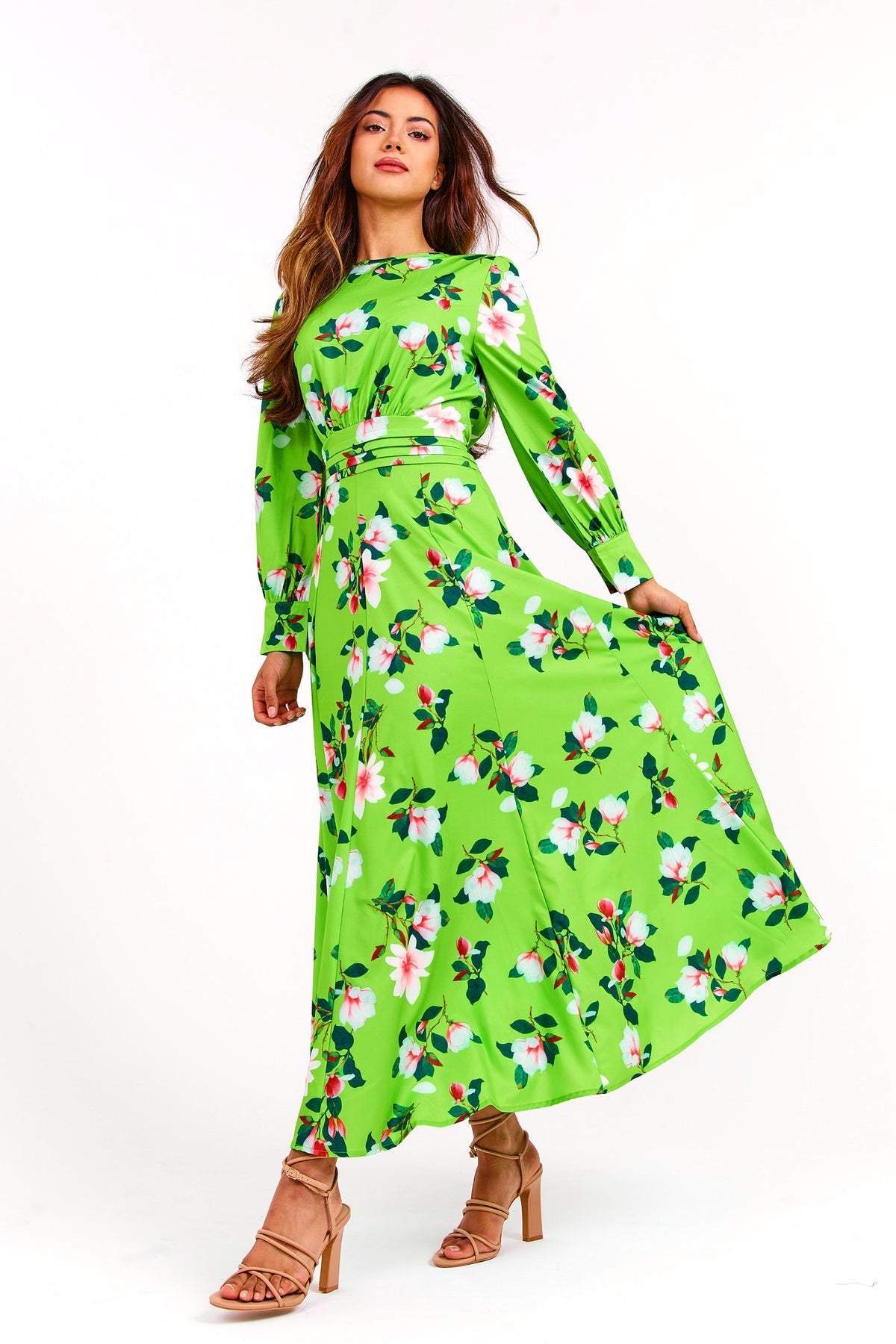 Floral Long Sleeve Round Neck Midi Dress