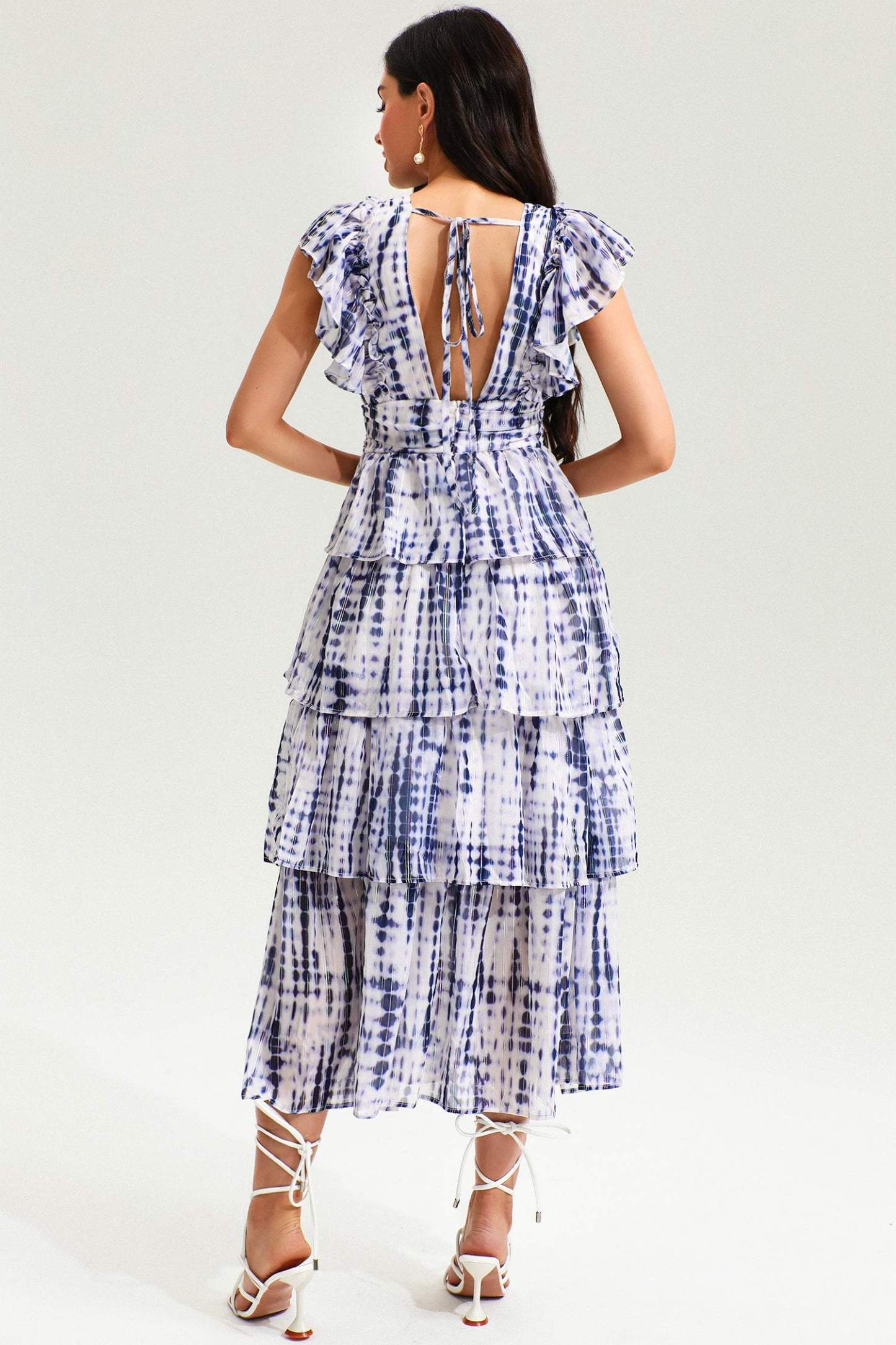 Printed V-neck flutter sleeve backless lace-up A-line dress