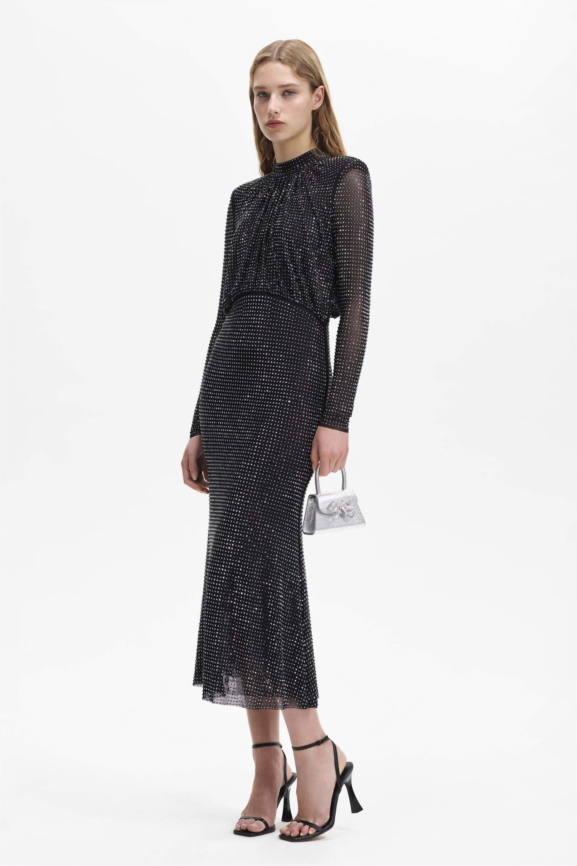 Rhinestone Stand Collar Solid Mermaid Maxi Dress