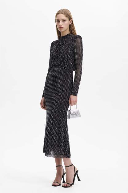 Rhinestone Stand Collar Solid Mermaid Maxi Dress