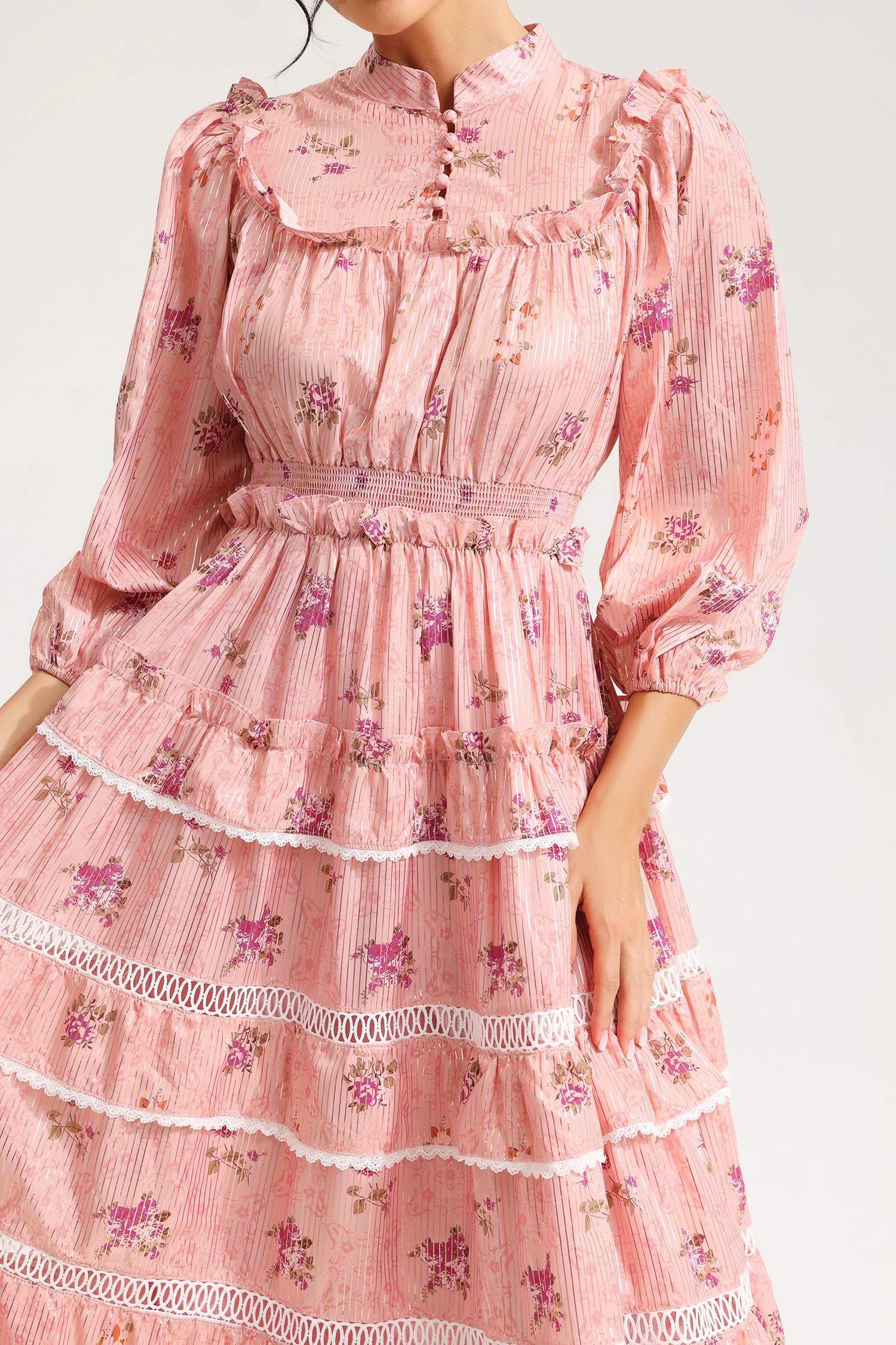 Floral Lantern Sleeve Buckle Tapered Waist Midi Dress Pink