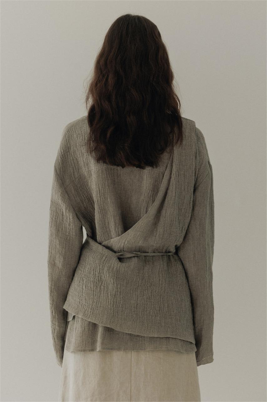 Vintage Wrapover A-Button Cardigan Linen Shirt Grey