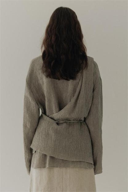 Vintage Wrapover A-Button Cardigan Linen Shirt Grey