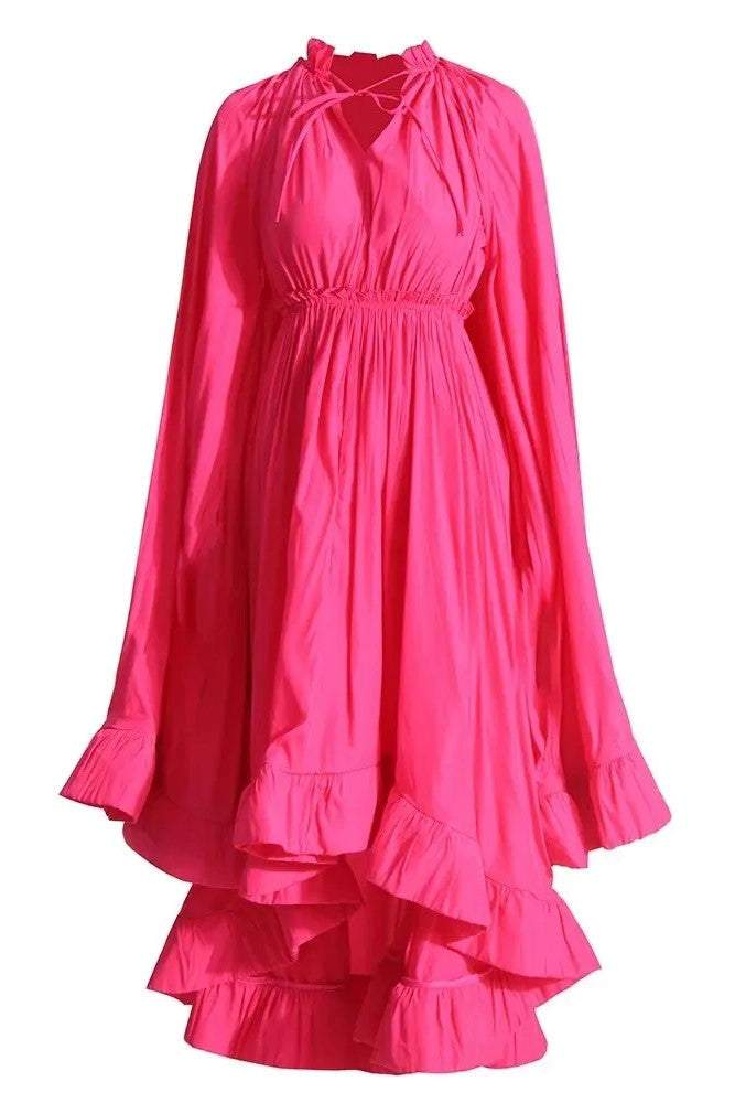 V-Neck Ruffle Hem Cape Large Hemline Midi Dress