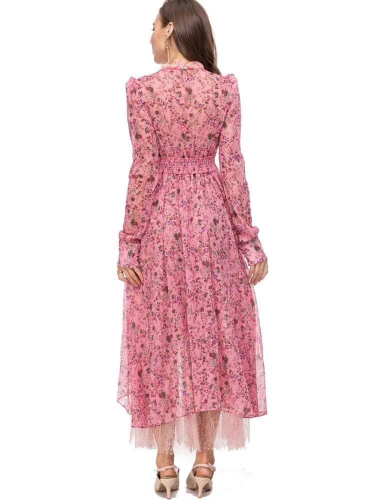 Printed Lamb's Leg Sleeve Round Collar Lace Waist Irregular Midi Dress
