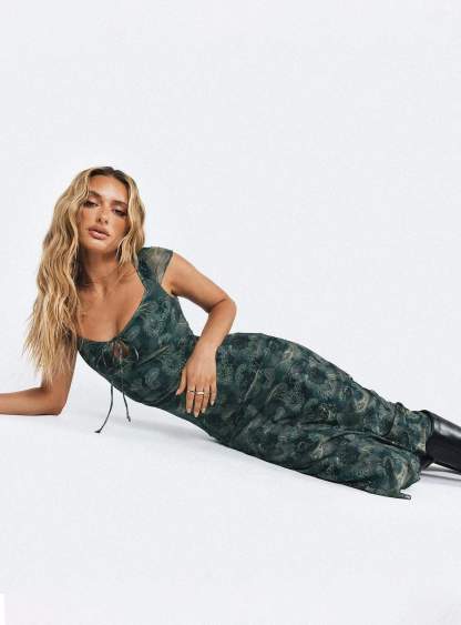 Square Collar Lace Up Slim Midi Dress