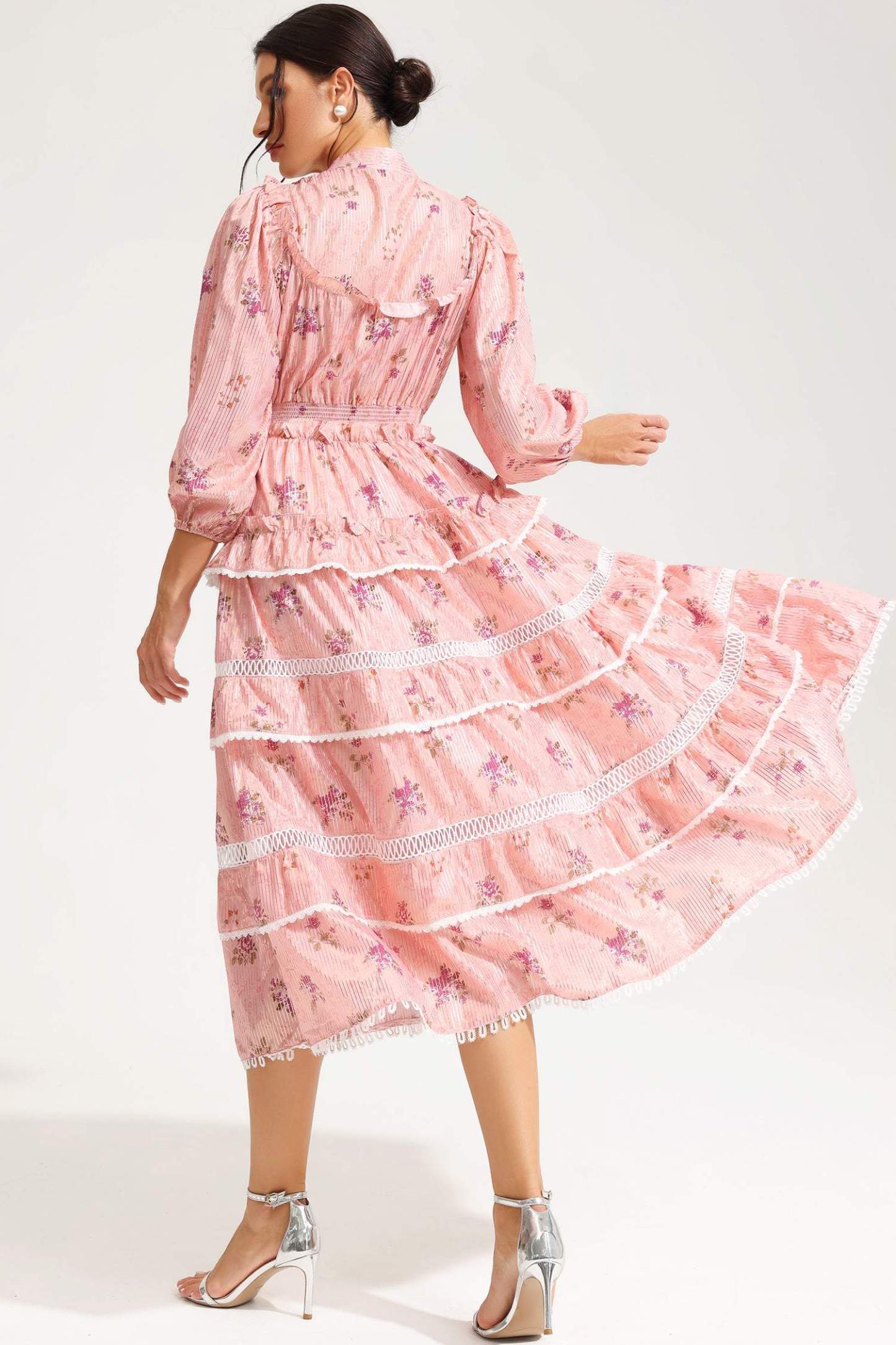 Floral Lantern Sleeve Buckle Tapered Waist Midi Dress Pink