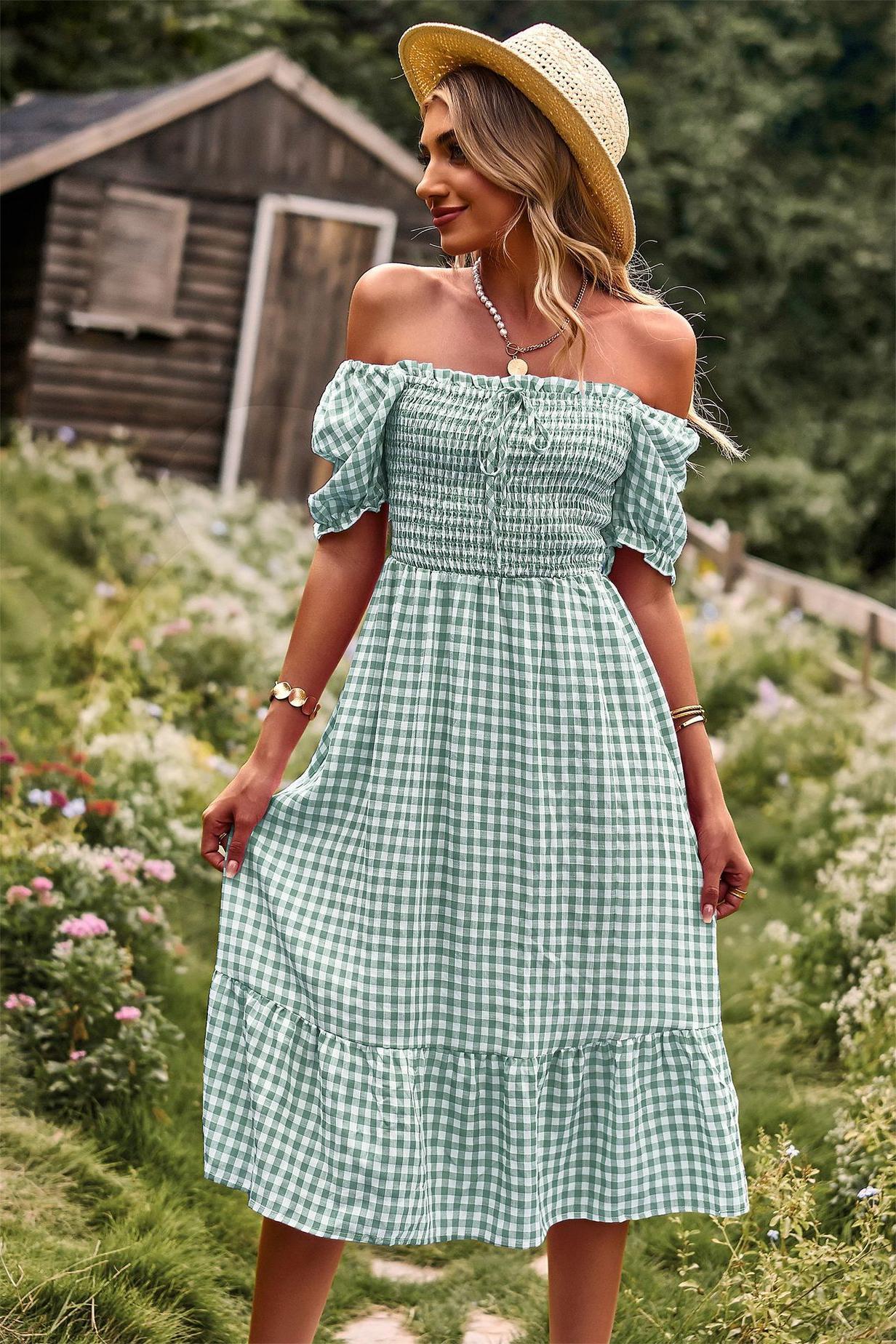 Plaid One-shoulder Midi Dress