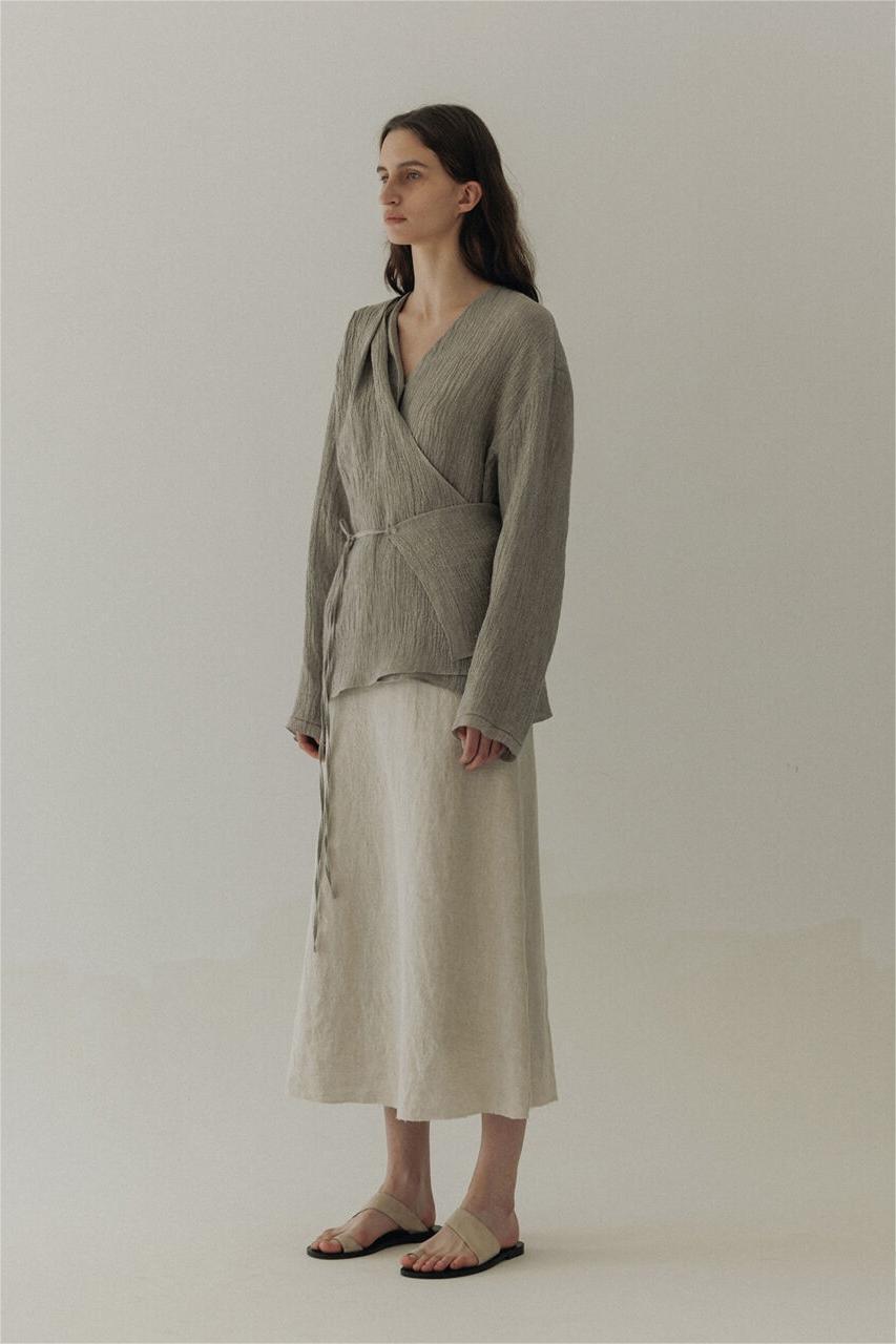 Vintage Wrapover A-Button Cardigan Linen Shirt Grey