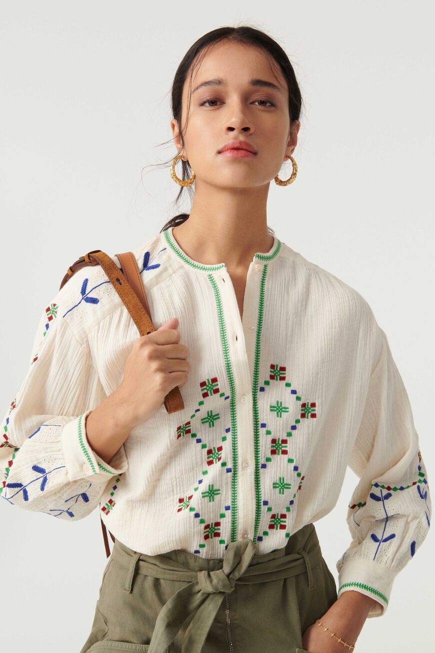 Lantern Sleeve Crew Collar Buttoned Embroidery Shirt