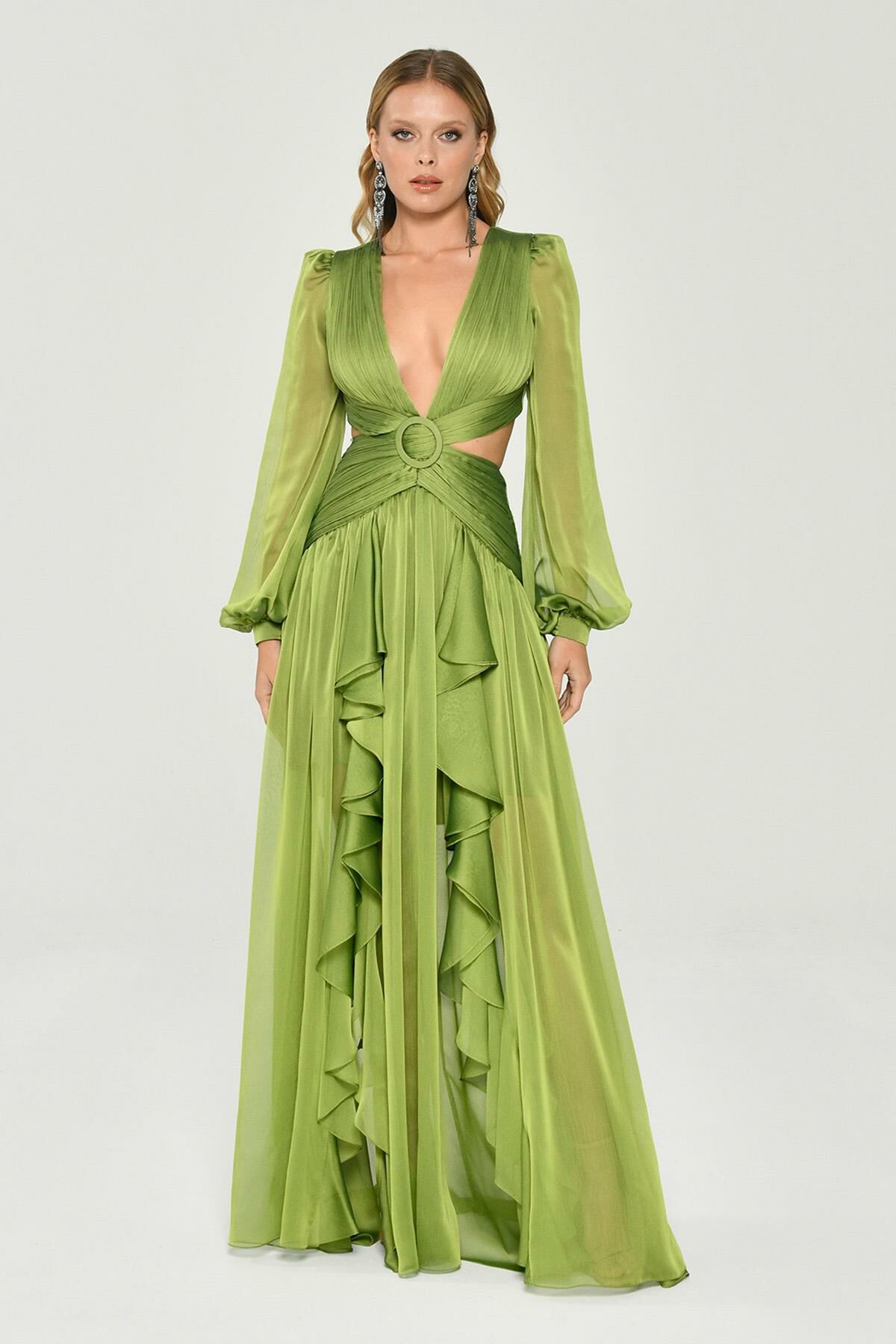 Solid V Neck Ruffle Split Lantern Sleeve Maxi Dress JardinVue