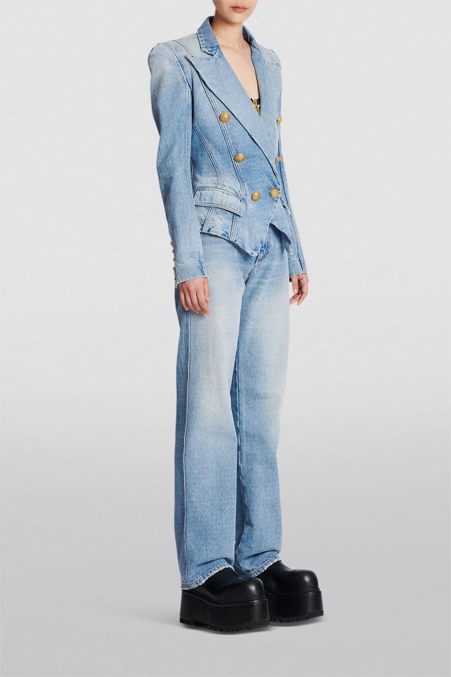 Double-Breasted Denim Slim Blazer