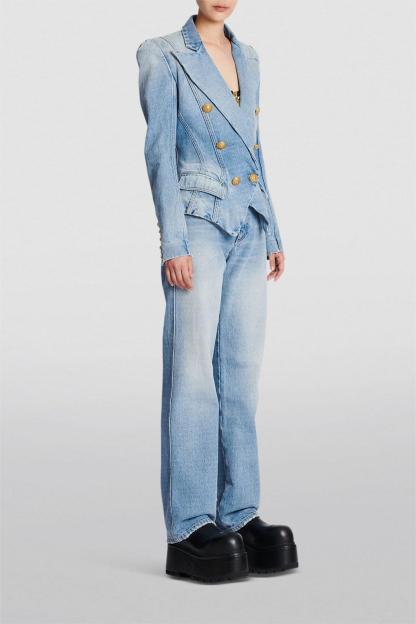 Double-Breasted Denim Slim Blazer