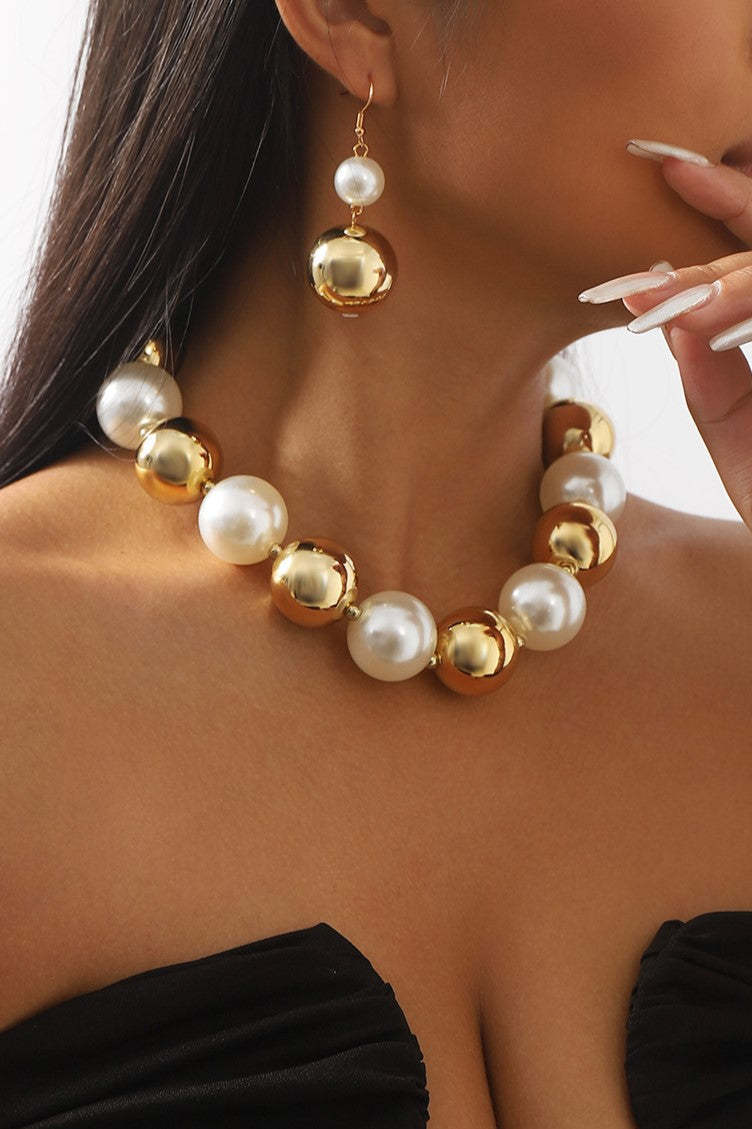 Faux Pearl Metal Ball Necklace & Earrings Set