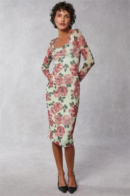 Floral Round Neck Long Sleeve Midi Dress