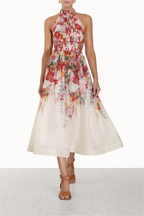 Floral Sleeveless Pleated Halter Neck Midi Dress