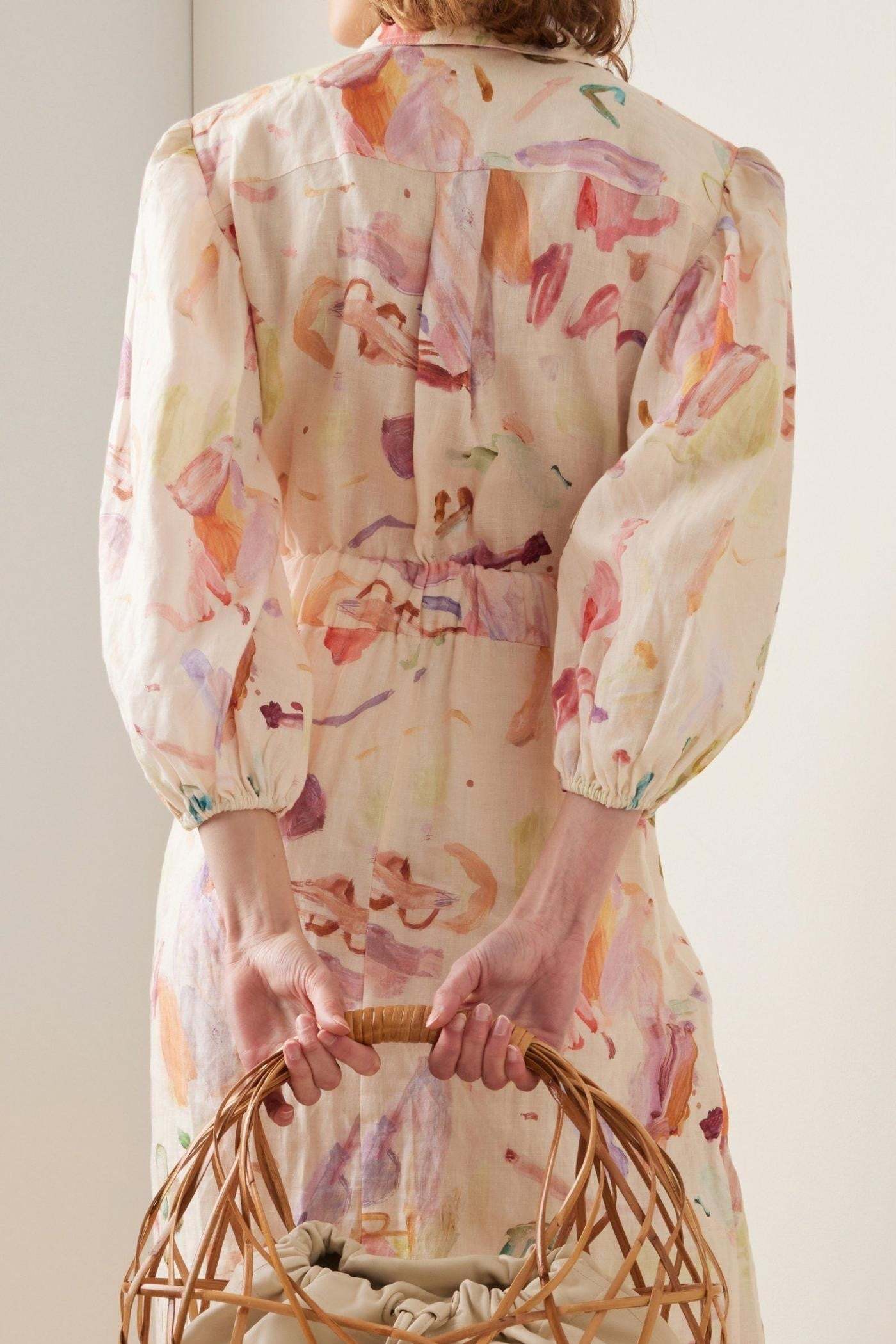 Abstract Print Shirt Collar Button Midi Dress
