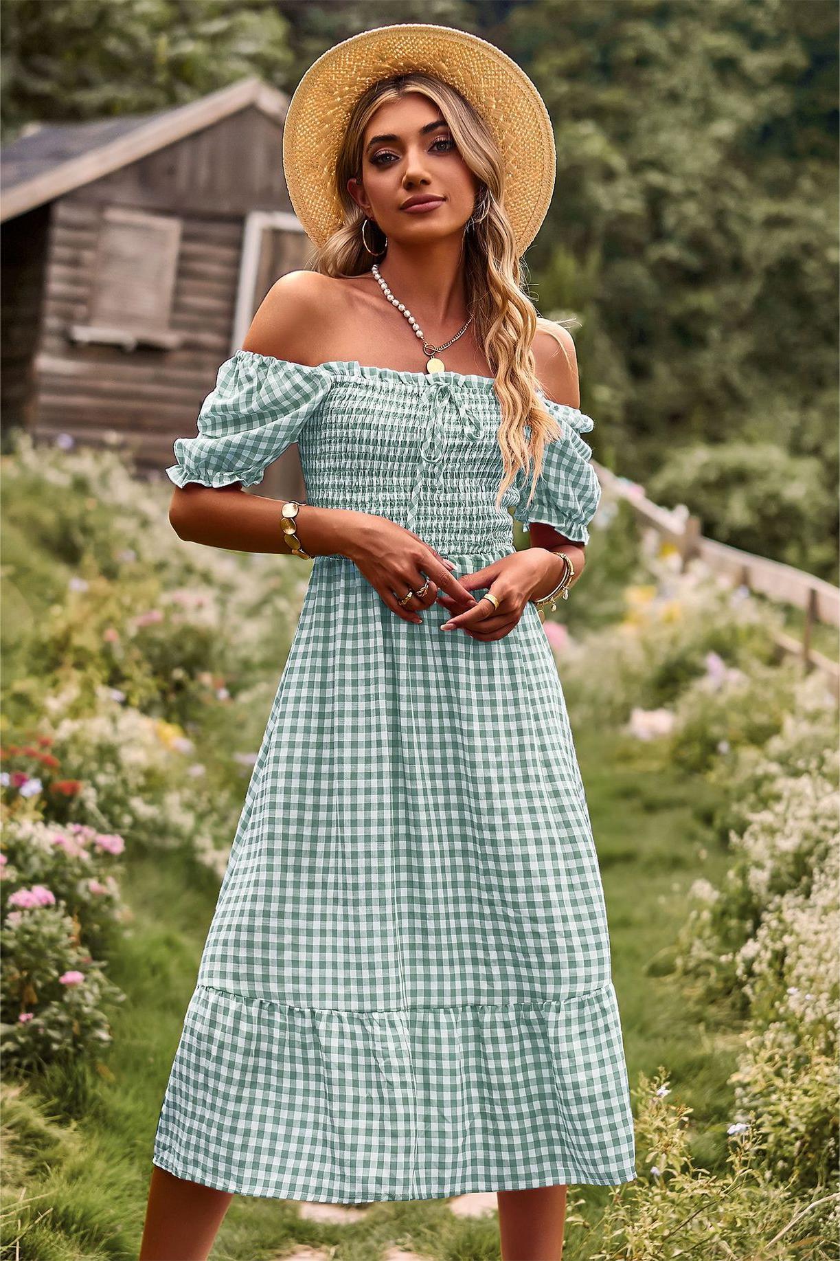 Plaid One-shoulder Midi Dress