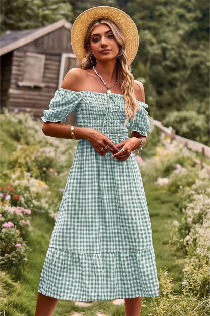Plaid One-shoulder Midi Dress