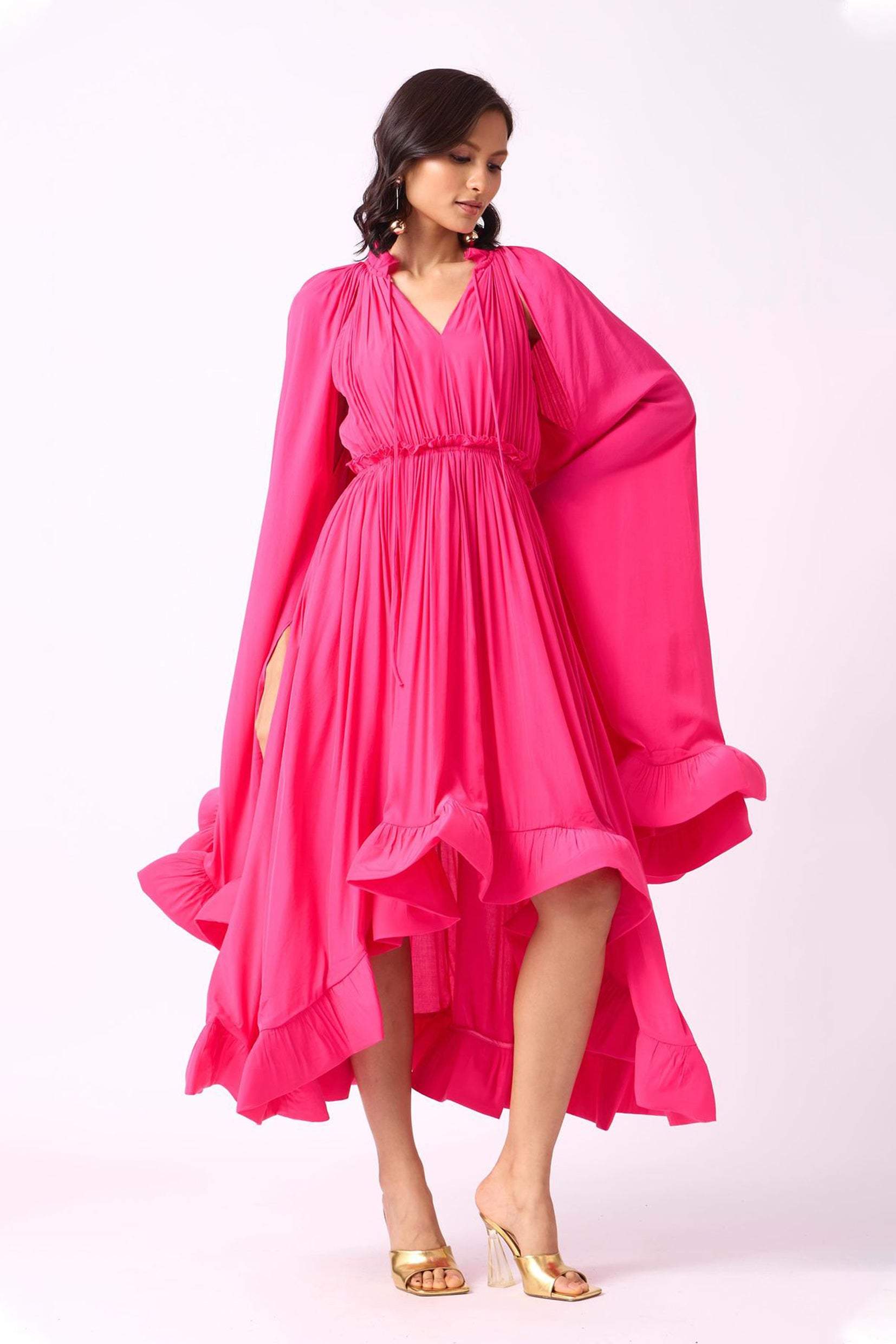 V-Neck Ruffle Hem Cape Large Hemline Midi Dress
