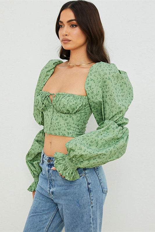 Floral Puff Sleeve Square Collar Top