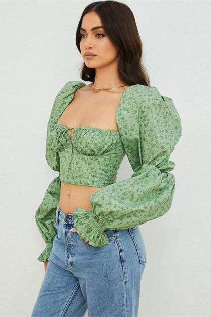 Floral Puff Sleeve Square Collar Top