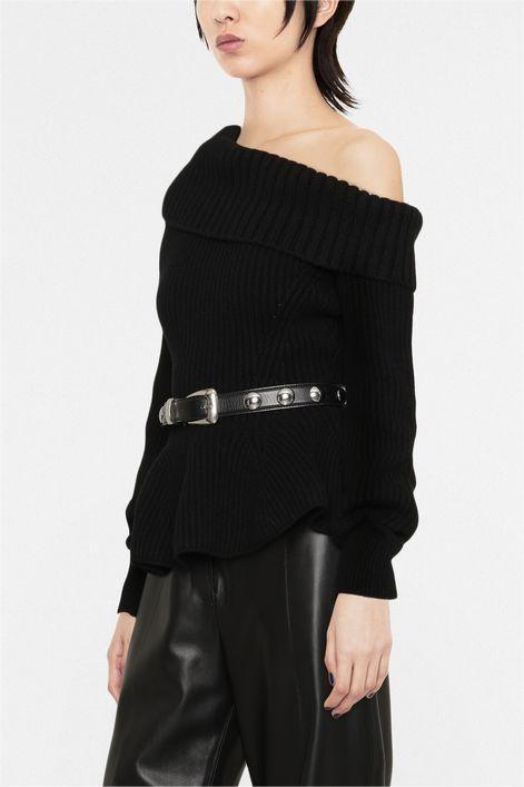 Black Knit Long Sleeves Diagonal Collar Sweater