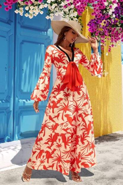 Printed Long Sleeve V-Neck Wide Leg Pants Suit