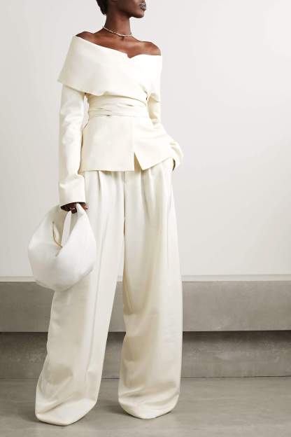 Long Sleeve One-Shoulder Lace Up Twill Set White