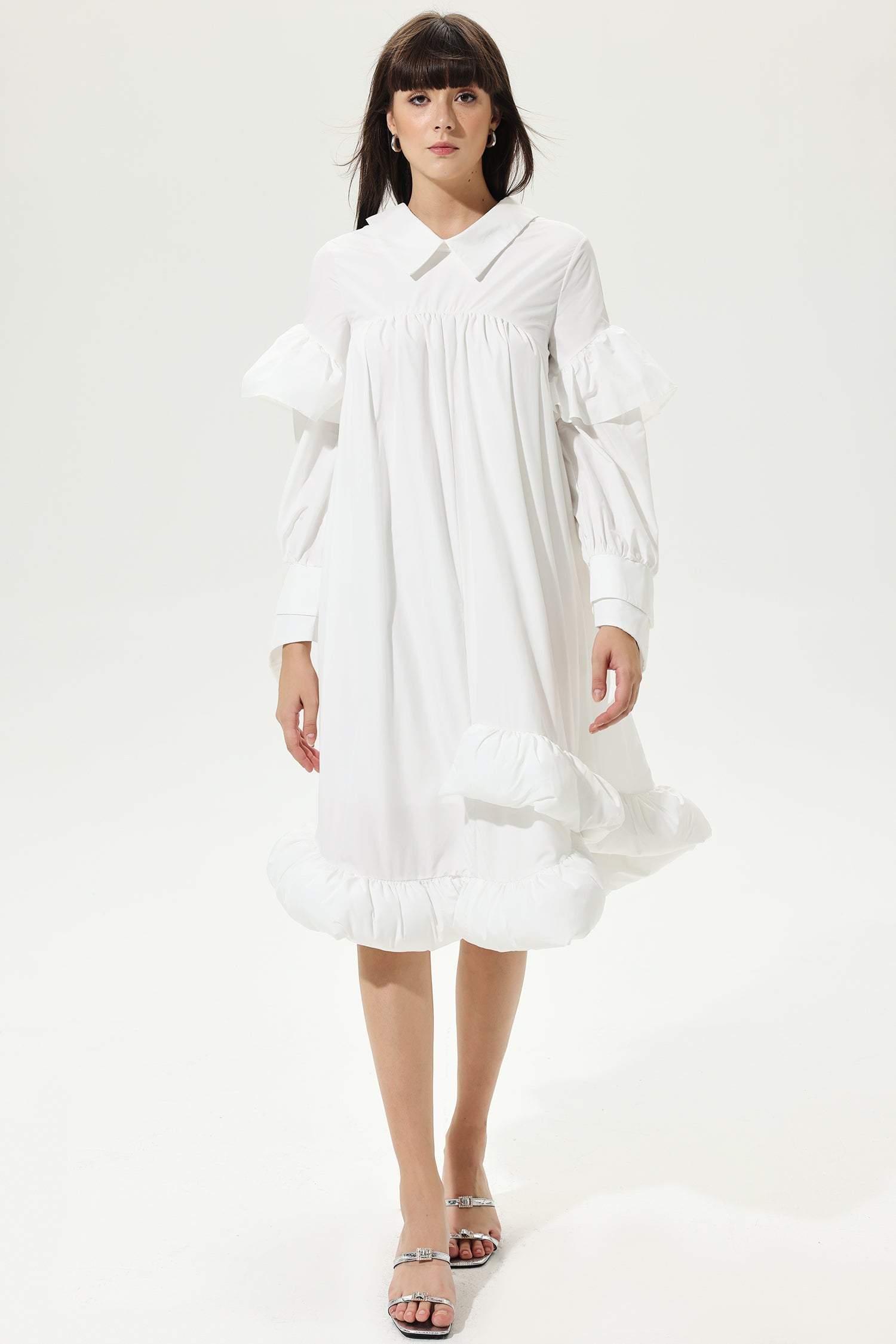 White Lantern Sleeve Ruffled Lapel Irregular Midi Dress