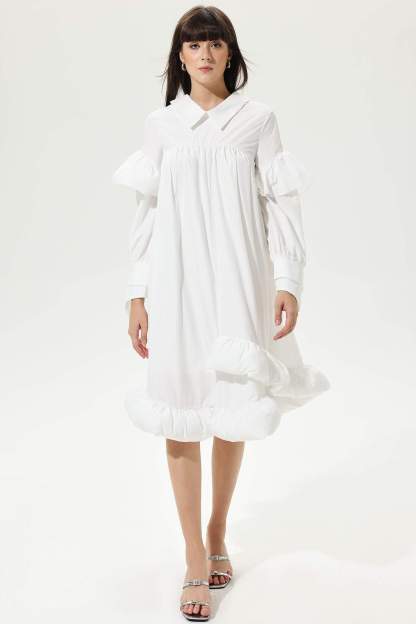 White Lantern Sleeve Ruffled Lapel Irregular Midi Dress