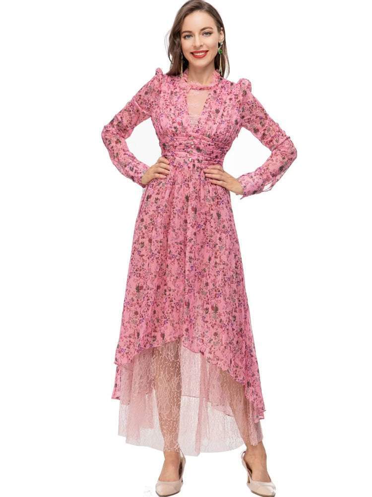Printed Lamb's Leg Sleeve Round Collar Lace Waist Irregular Midi Dress