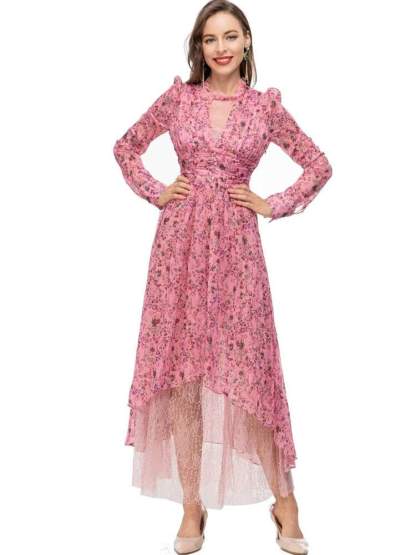 Printed Lamb's Leg Sleeve Round Collar Lace Waist Irregular Midi Dress