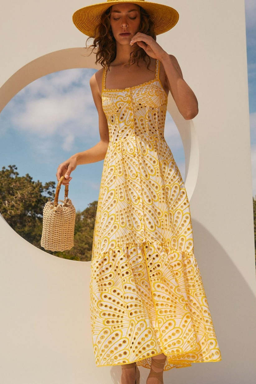 Lace Buttoned Ruffle Hem Cami Midi Dress Yellow – jardinvue