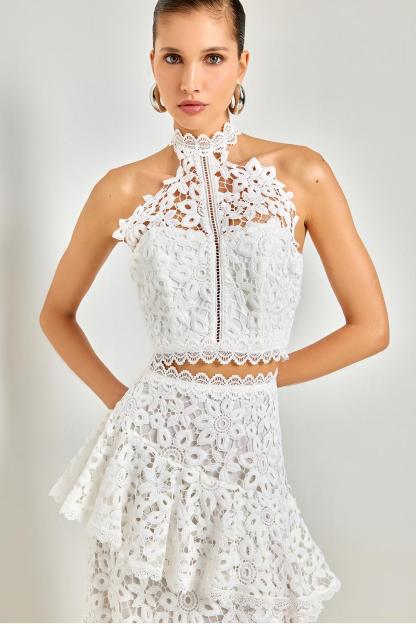 Lace Sleeveless Top & Hight Waist Asymmetrical Midi Skirt Set