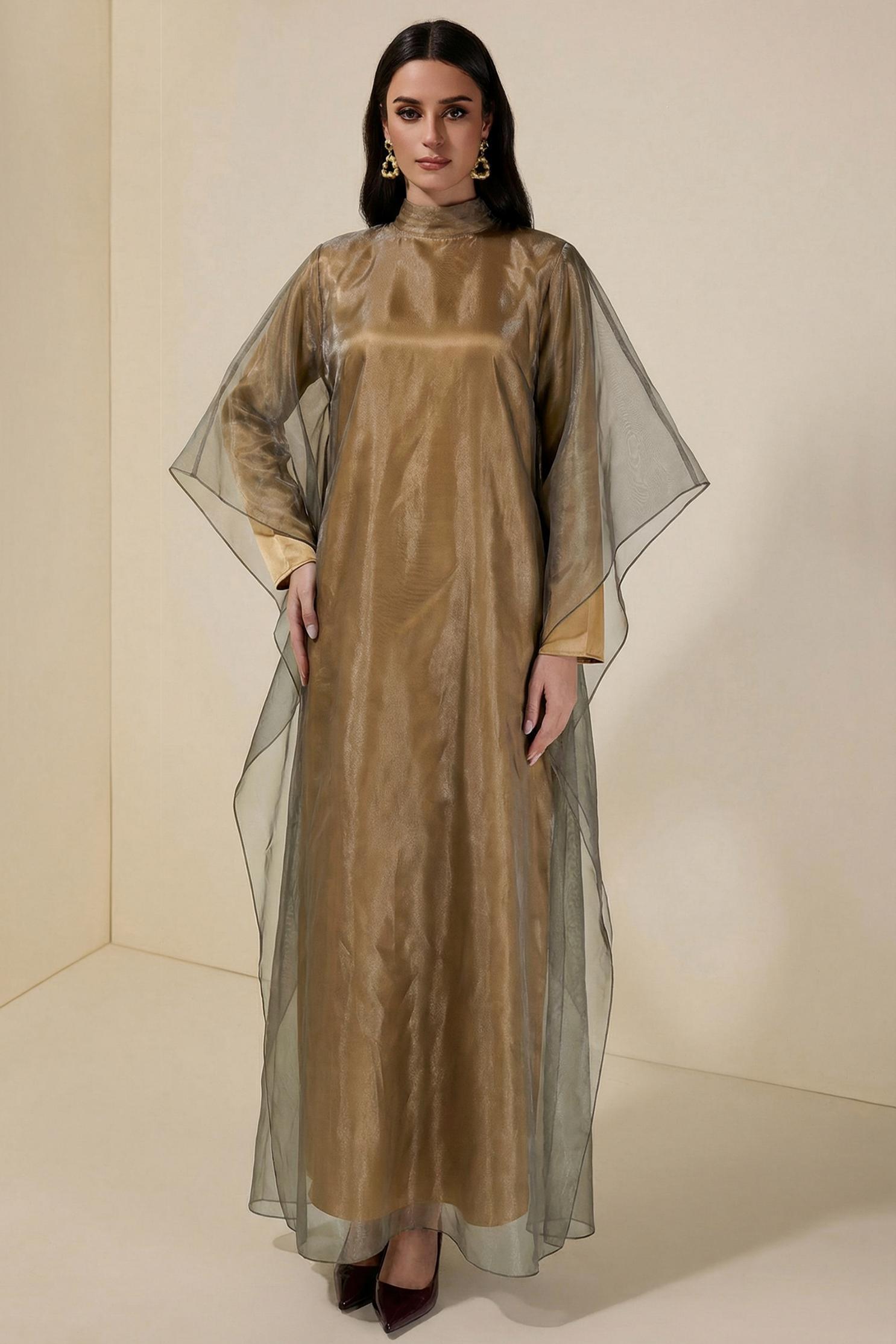 Organza Stand Colllar Maxi Dress With Cape