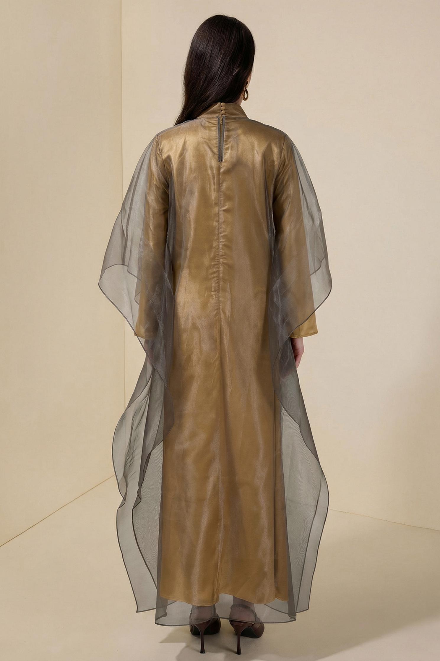 Organza Stand Colllar Maxi Dress With Cape