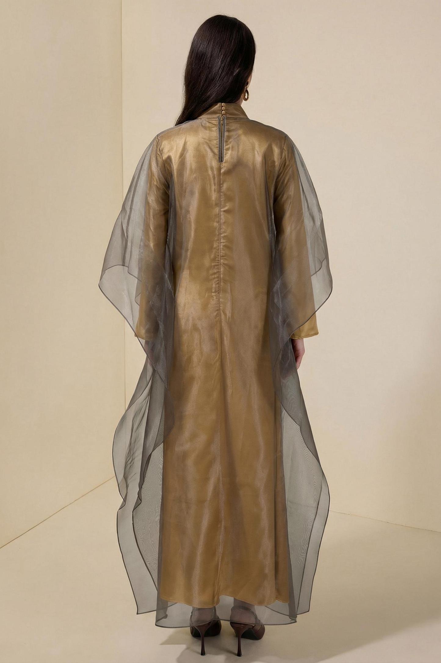 Organza Stand Colllar Maxi Dress With Cape