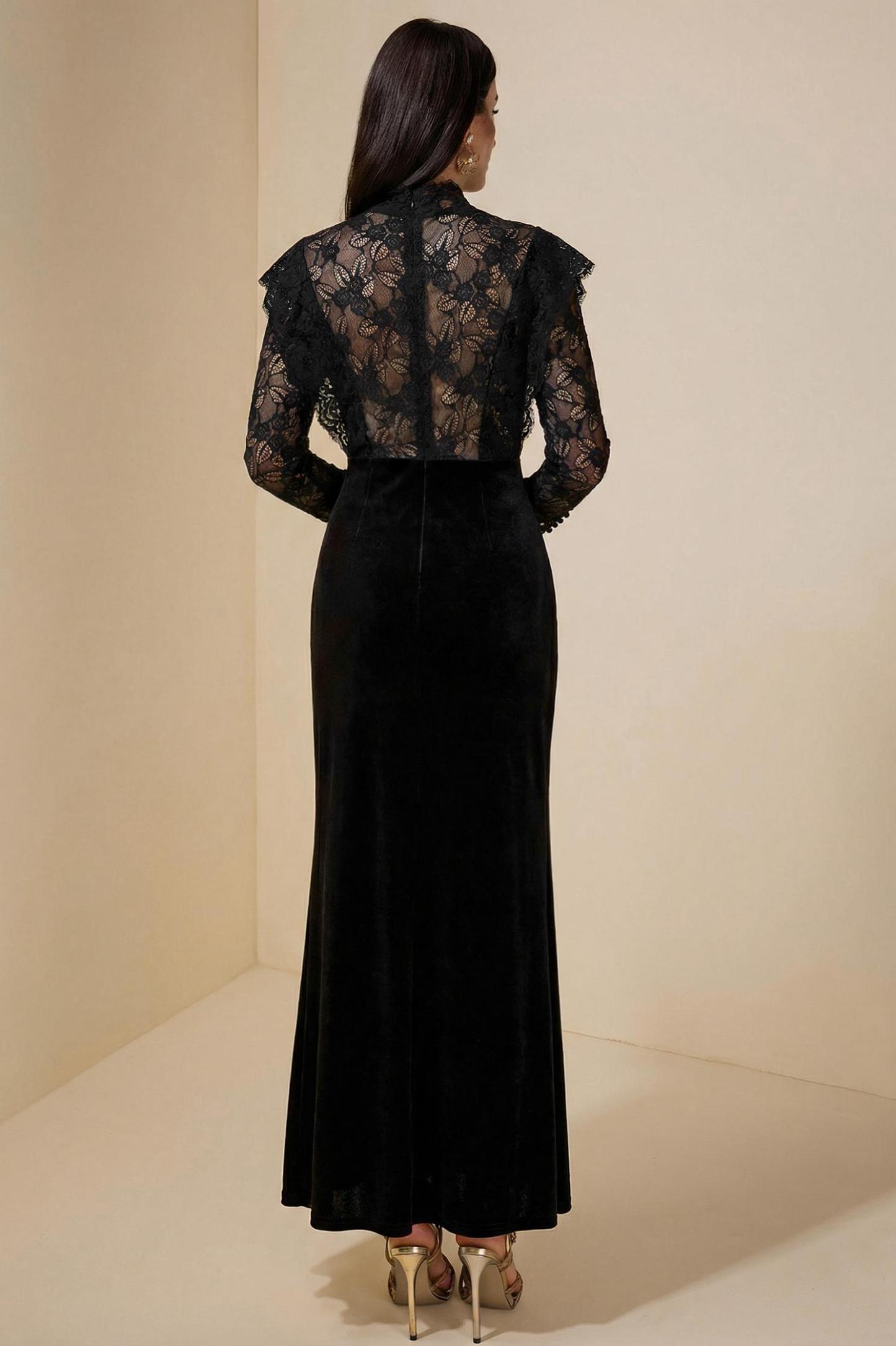 Velvet Splicing Lace Slit Maxi Dress